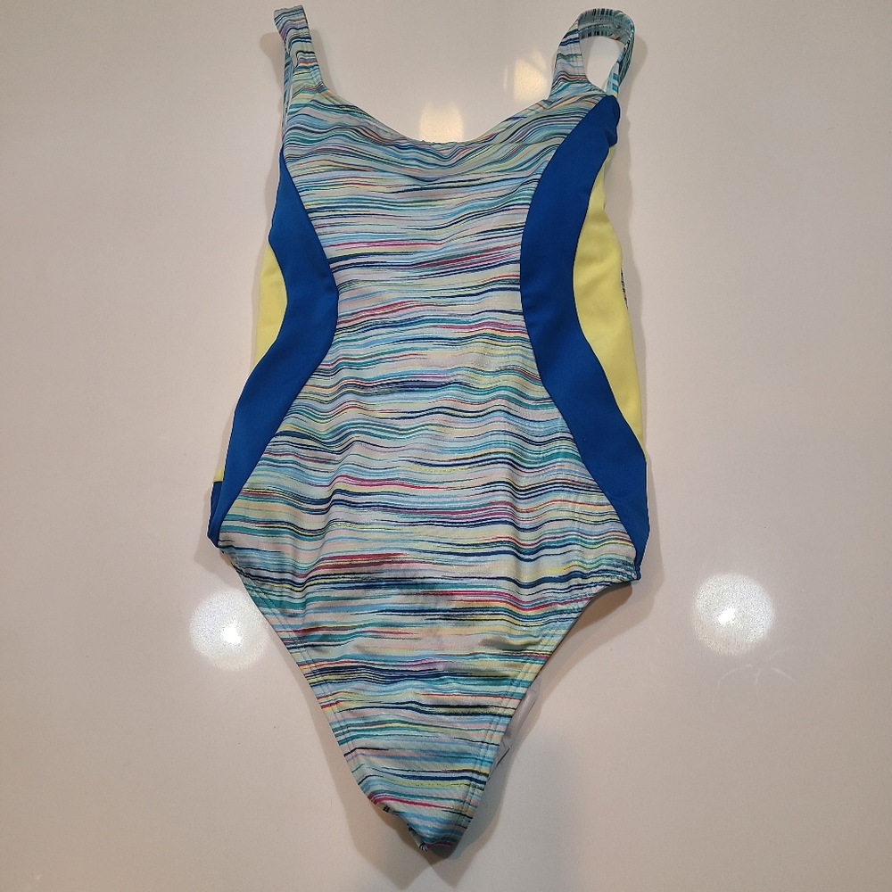 Lands' End Blue & Yellow Striped One-Piece Swimsuit in Size 18